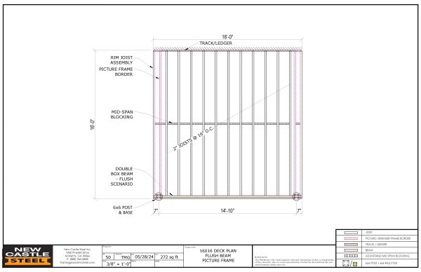 New Castle Steel Deck Framing Kit - 16x16 Deck, Flush Beam, Picture Frame Fashion - Image 2